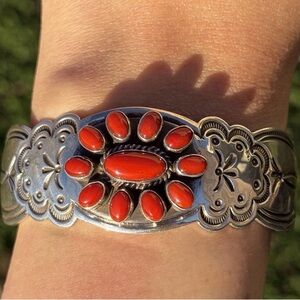 Navajo Native Sterling Silver Red Coral Cluster Cuff Bracelet Rew Dineh